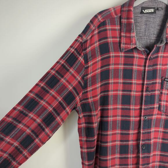 Vans Men's Red and Gray Plaid 100% Cotton Gauzy Button Down Shirt XL Grunge Y2K - Picture 3 of 9
